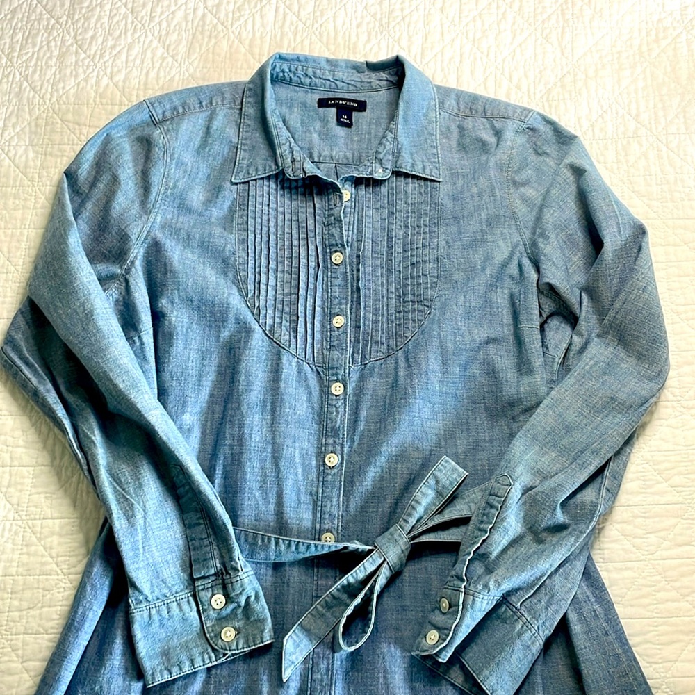 Chambray Lands’ End shirtdress with pin tuck detail, women’s 14